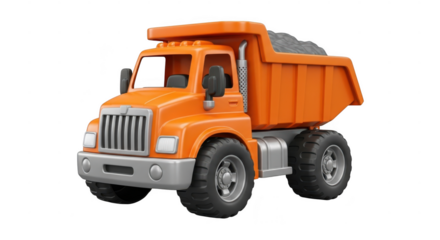 Orange toy dump truck with gravel isolated on transparent background