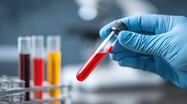Laboratory Hand Holding Test Tube with Red Liquid, Various Colors of Test Tubes in Rack, Medical Research, Science Experiment Environment