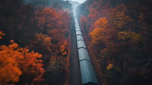 Aerial view of red train through autumn forest