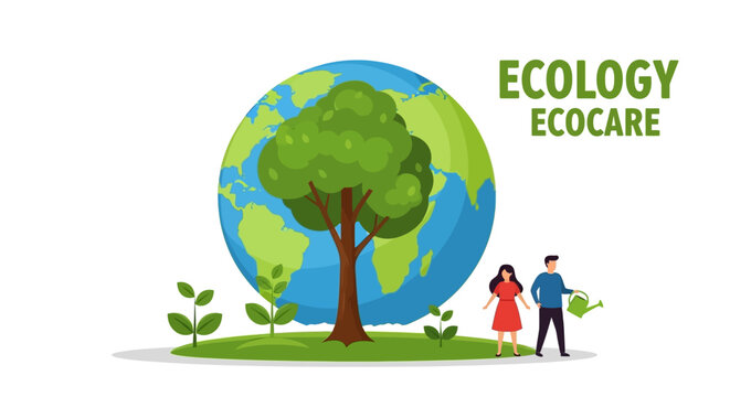 Couple caring for a large tree in front of the planet Earth, a vector concept for environmental conservation and sustainability