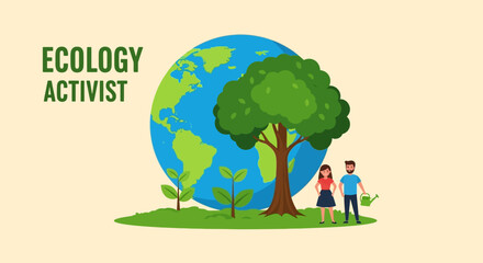 Caring for the Earth Illustration of individuals actively engaged in environmental conservation and global green initiatives