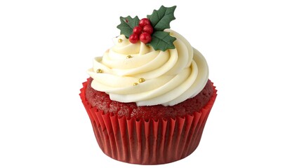 Festive Red Velvet Christmas Cupcake with Holly Decoration
