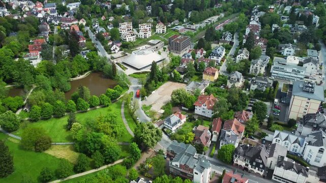 aerial push shoot of Bird's-eye panoramic view of Kornberg Town