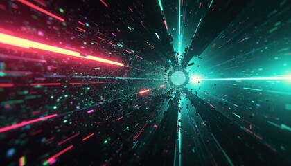 Obraz premium Digital tunnel with bright neon lights streaks and particles flying fast. Abstract motion graphic shows speed data flow and tech concept with broken digital elements.