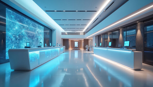 Futuristic lobby with glowing screens, check-in kiosks. Sleek white counters with digital displays offer automated reception, information. Bright, minimalist space suggests advanced business,
