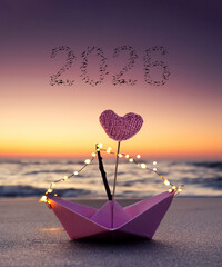 Illuminated Paper Boat at Sunset: A Symbolic Voyage into 2026 with Bird-Formed Numerals in the Sky