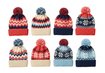 Collection of eight colorful knitted winter bobble hats with fair isle and chevron patterns, isolated on transparent background
