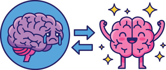 Cartoon illustration of a sad crying brain transforming into a happy strong and healthy brain.