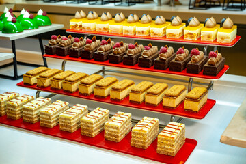 Karisik Turk tatlilari. New dessert varieties at the  luxury hotel open buffet. Milk-based desserts,  Turkish Dessert Sobiyet, havuc dilimi, midye baklava, mussels baklava and classic baklava. 