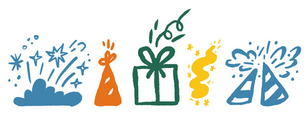 Vector holiday party set with firework, firecracker, gift, and star element. Cute kid's birthday illustration in funky sketch art. Explosive burst of confetti, twinkling light for carnival decoration