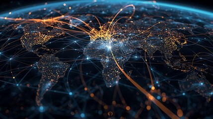Global network digital earth, interconnected data routes and lines.