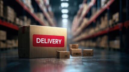 Cardboard delivery box in a warehouse showcasing logistics and parcel services with blurred shelves and packages in the background emphasizing e-commerce