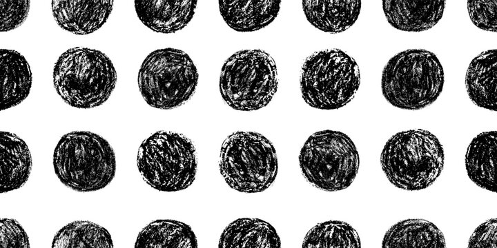 Seamless pattern with black round shapes, monochrome circles with wax crayon hatching texture. Hand drawn polka dot vector illustration, geometric print isolated on transparent background