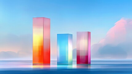 Three translucent, rectangular pillars of varying heights and colors stand on a reflective surface, set against a soft blue sky with wispy clouds.