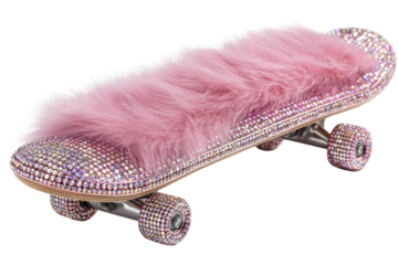 Showstopping skateboard sparkling with pink rhinestones and plush faux fur, a glamorous and unique statement piece radiating fun, fashion, and individuality
