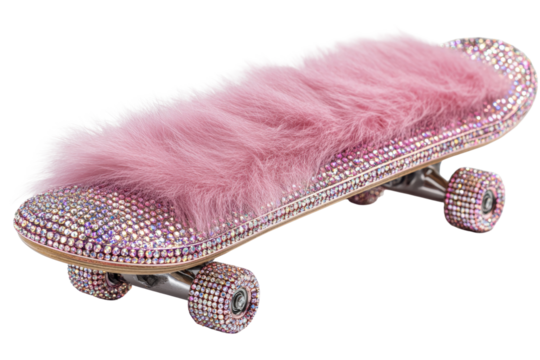 Showstopping skateboard sparkling with pink rhinestones and plush faux fur, a glamorous and unique statement piece radiating fun, fashion, and individuality