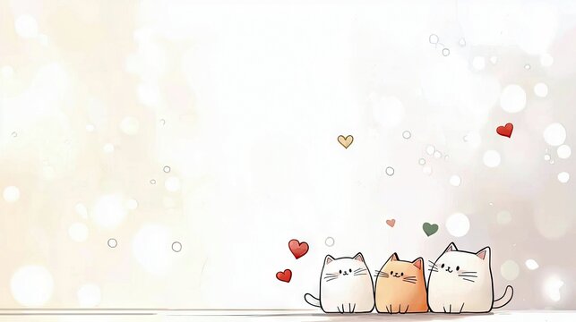 Three adorable cartoon cats, two white and one orange, sit together with hearts in various colors scattered around them on a bright, bokeh-filled background. - Powered by Adobe