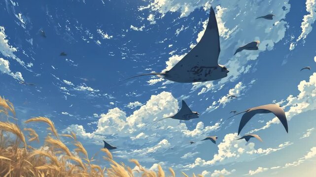 Blue sky, clouds, and graceful manta silhouettes glide above a golden field across the blue expanse