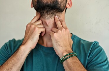 Fototapeta premium Man examines swollen lymph node on his neck. He feels lump under skin indicating possible illness or infection. Medical self-check for symptoms of disease.