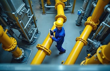 Worker in blue uniform and yellow helmet walks along large yellow pipes holding tablet computer. Industrial facility background with complex pipe system. Worker checks fuel gas supply and equipment.