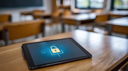 Digital tablet showcasing a security lock icon in an empty classroom, emphasizing themes of technology, education, and online safety in learning environments