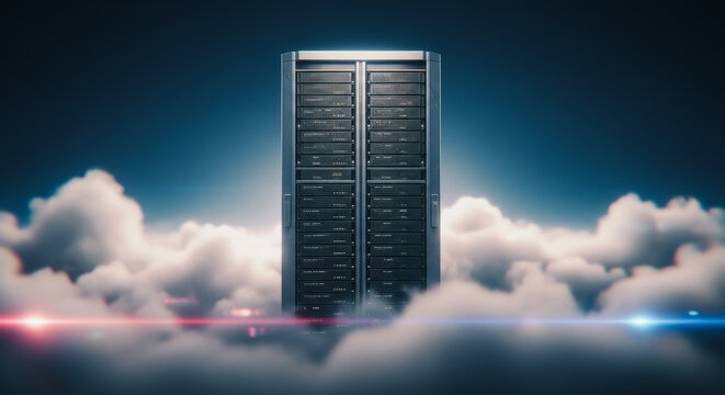 A server stands tall, shrouded in ethereal clouds, symbolizing the power and reach of modern technology.