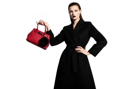 Elegant woman in a black belted coat holding a small red handbag with a black fur pompom, isolated on transparent background