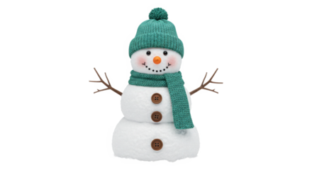 Cute snowman decoration with green knitted hat and scarf isolated on transparent background