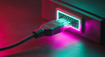 An Ethernet cable plugged into a network device, the image highlights the core of connectivity, data transfer, and digital infrastructure. The scene is bathed in a cyberpunk-esque aesthetic.