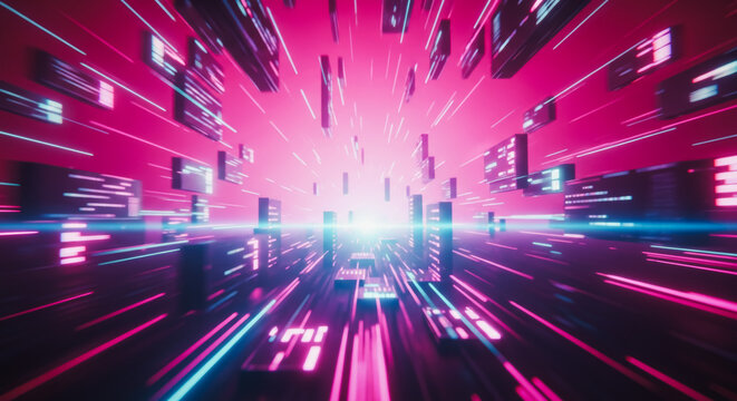 Dive into a vibrant digital tunnel, pulsing with radiant energy and futuristic architecture, exuding an aura of technological marvel.