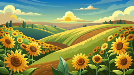 Fototapeta premium Very beautiful sunflower-covered hill in North Dakota, showcasing bright golden blooms rising across gentle slopes under a clear sky, creating a warm, cheerful, and vibrant rural summer landscape.