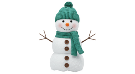 Charming snowman figure with green knitwear isolated on transparent background