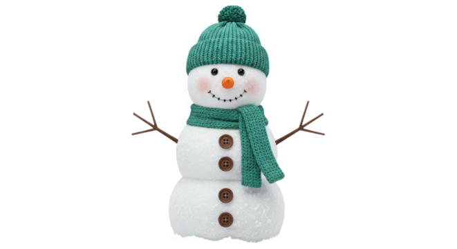 Charming snowman figure with green knitwear isolated on transparent background - Powered by Adobe