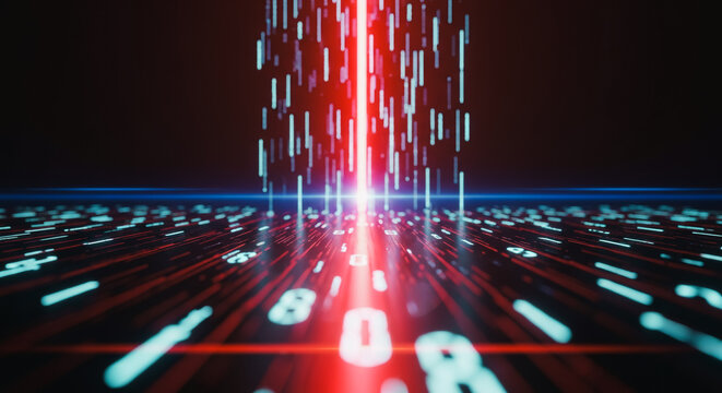 A vivid digital abstract showcases a beam of data, illuminating binary code, symbolizing technological advancement.