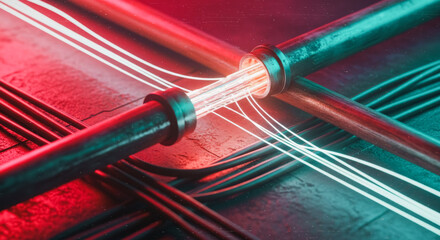 A dynamic representation of modern technology, showcasing the interconnection of fiber optic cables and pipelines. The scene is illuminated by red and blue lights.