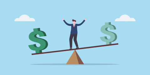 Businessman balancing on seesaw with dollar signs financial equilibrium illustration