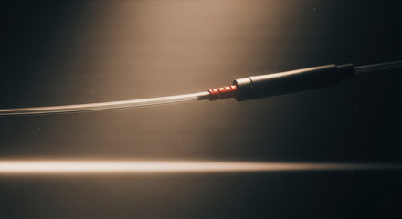 A sleek fiber optic cable stretches across a dimly lit space, its core illuminated by an ethereal glow, signifying connection.