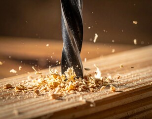 Close-up view of a drill bit cutting into wood with chips flying.