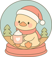 Duckling wearing a Santa hat and scarf, sitting inside a Snow Globe, holding a mug of cocoa.