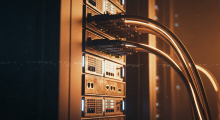Illuminated server cabinet, showcasing the intricate network of connected cables, emphasizing the complex infrastructure.