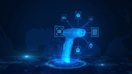 Futuristic Digital Barcode Scanner with Technology Icons on Digital World Map