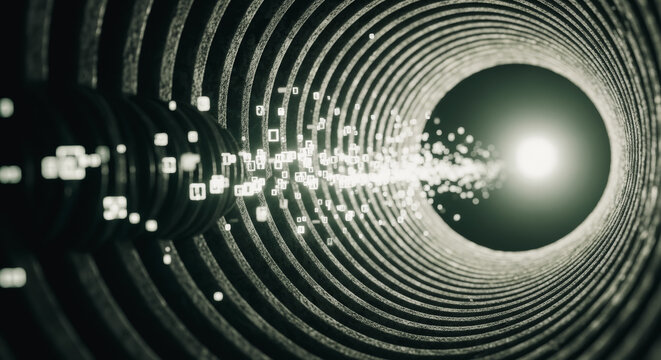 A dynamic depiction of data transmission, where digital information streams through a technological tunnel toward a radiant light, symbolizing connectivity and the future.