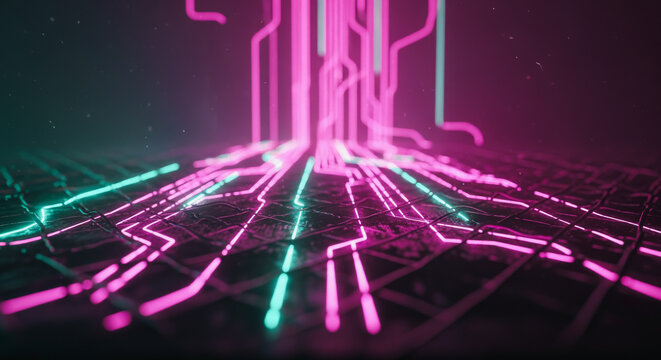 An abstract visualization of a digital network with bright, glowing neon lines, representing the interconnectedness of modern technology. The image is an artistic expression of data flow.