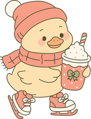 Duckling wearing a hat and scarf, holding a hot drink, and wearing ice skates.