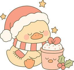 Naklejka premium Duckling in a Santa hat and striped scarf, hugging a gift/drink mug, surrounded by stars and holly accents.
