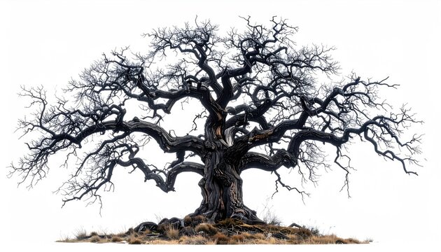 Solitary, gnarled tree against a stark white backdrop