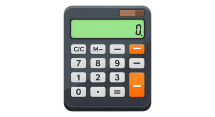Dark gray calculator with clear and memory function keys isolated on transparent background