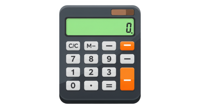Dark gray calculator with clear and memory function keys isolated on transparent background