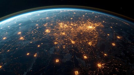 Global network connection over illuminated earth at night view from space