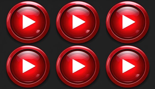 Six glossy red play button icons in a grid layout